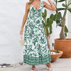 Sexy V-neck slim dress floral dress retro printed long skirt